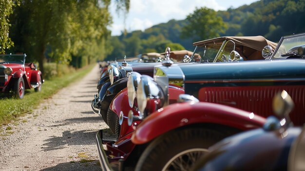Image description A row of vintage cars is parked on a country road
