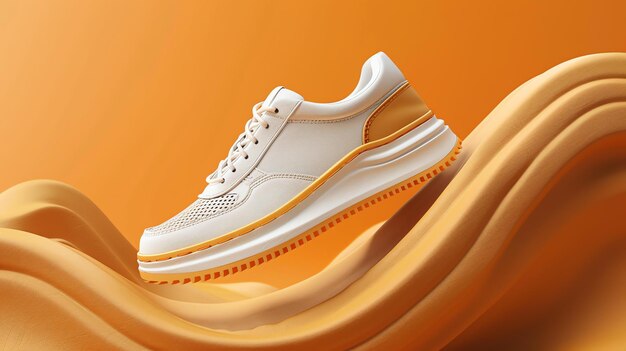 Photo image description a sleek white sneaker with orange accents is shown in a dynamic pose appearing to float on a wave of orange fabric