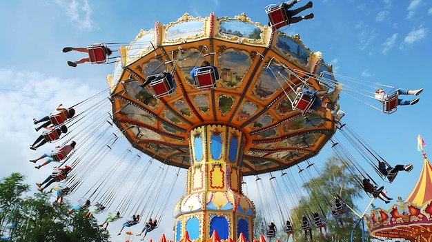 Photo image description a swing ride at a fairground the ride is in motion and the riders are flying high