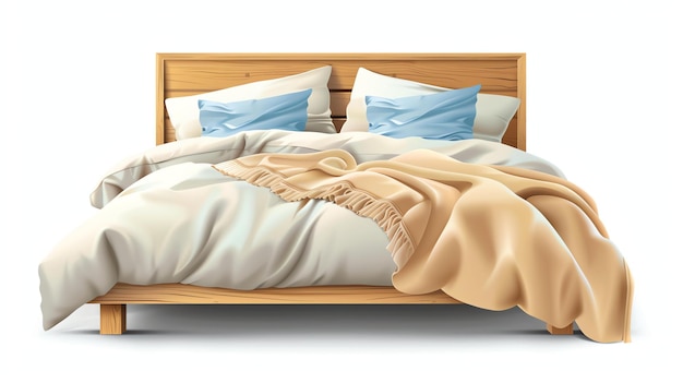 Photo image description this is a photo of a bed with a wooden frame and white bedding the bed is made with a white duvet cover and two blue pillows
