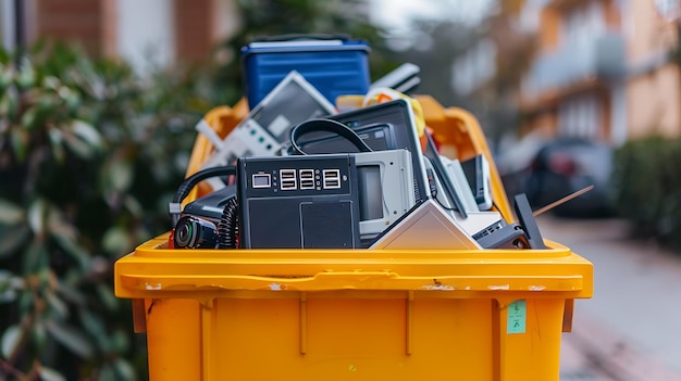 Photo image description a yellow trash can is filled with old electronic waste including a computer a keyboard a mouse and a printer