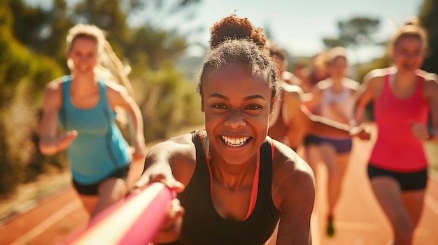 Image description A young female runner is passing the baton to her teammate in a relay race