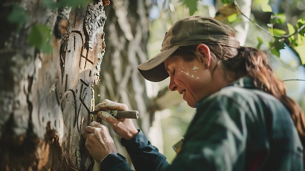Image description A young woman in a hat and outdoor gear is carving into the bark of a tree