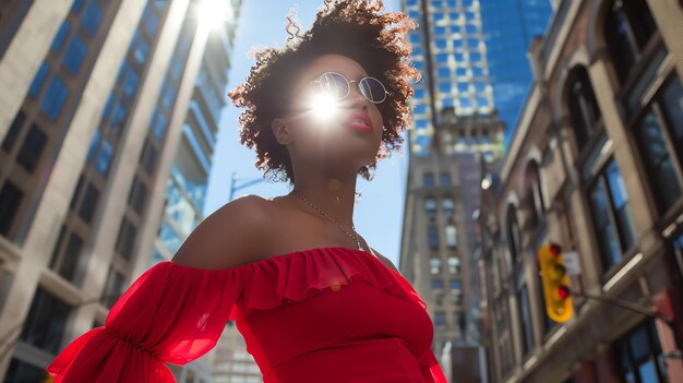 Photo image description a young woman with curly hair and red lipstick is standing in a city street looking up at the sun