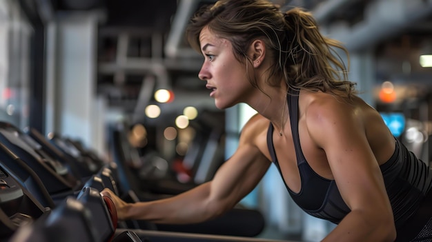 Photo image description a young woman works up a sweat on the treadmill she is wearing a black sports bra and black leggings