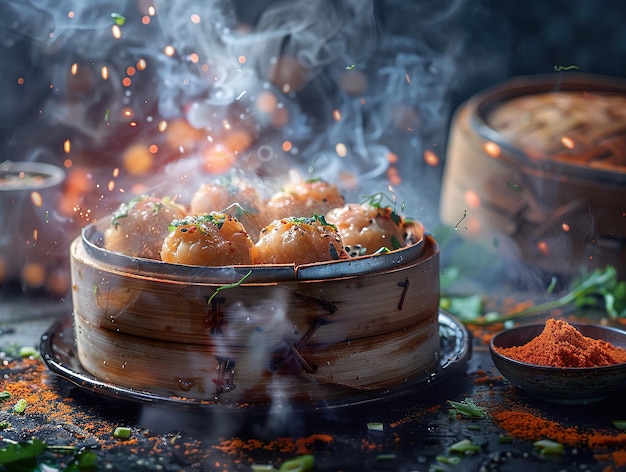 Photo an image of dim sum delicious dim sum photography explosion flavors studio lighting studio background welllit vibrant colors sharpfocus highquality artistic unique