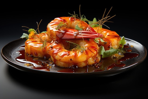 an image of a dish with a large prawn on it in the style of dark orange and gold ai generated