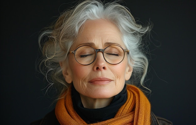 灰色のと眼鏡で目を覆い,首の不快感を訴える苦悩した高齢の女性の画像