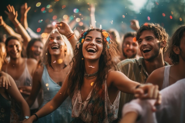 An image of a diverse group of friends at a summer music festival dancing and enjoying the music