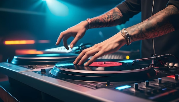 an image of a DJ spinning vinyl records on turntables at a nightclub