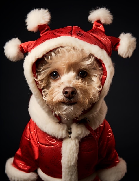 Photo image of dog in christmas clothes