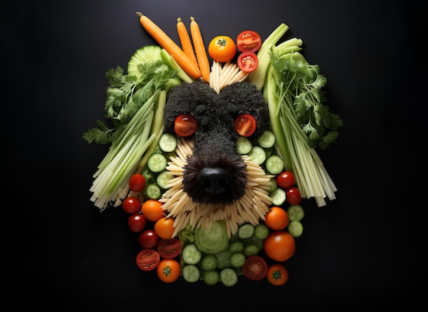 Image of dog face made with vegetables and fruits on clean background Pet Animals Illustration Generative AI