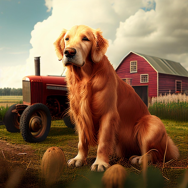 Image of a dog sitting on farm with tractor generative ai