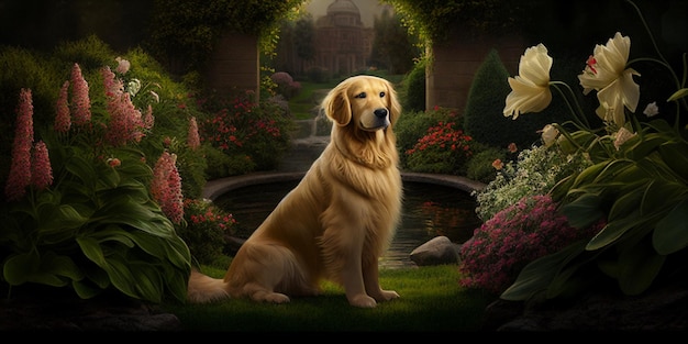 Image of a dog sitting in garden generative ai