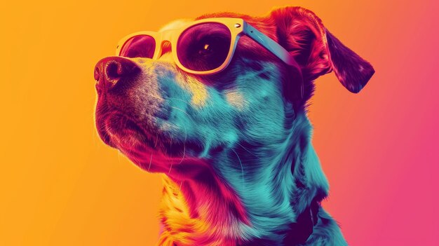 An image of a dog wearing sunglasses on a colorful background