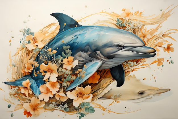 Image of dolphin and flowers on white background Generative AI