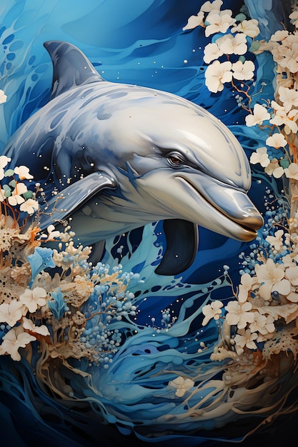 Image of dolphin surrounded by seaweed and flowers Generative AI