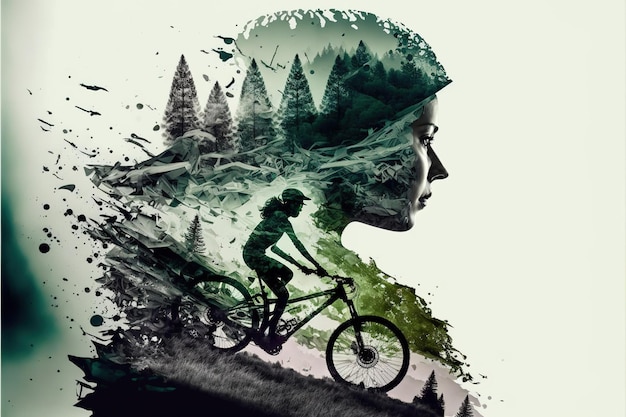 이중 노출 실루엣 자전거 타는 사람과 산의 이미지