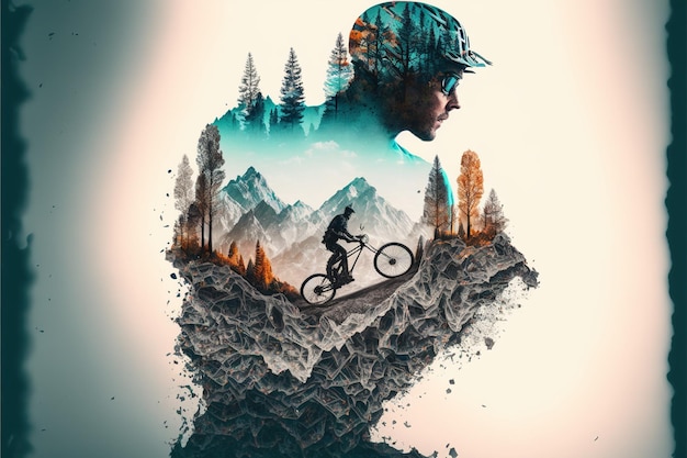 Image of double exposure silhouette biker and mountain