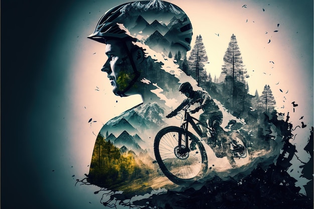 Image of double exposure silhouette biker and mountain