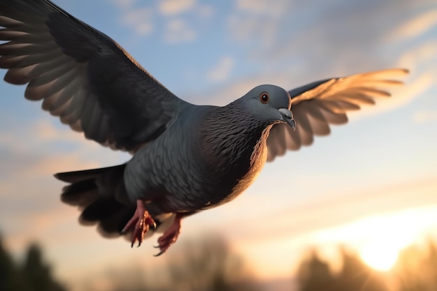 太陽の下で空を飛んでいる鳩のイメージ