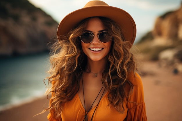 Image of dreamy woman with long wavy hair seems with satisfied expression intend generative IA