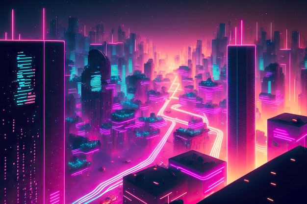 Image of e d render neon city with skyscrs and roads