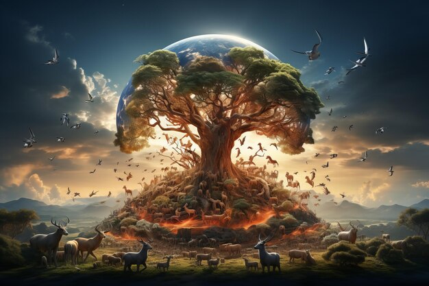 An image of an earth tree surrounded by animals and birds