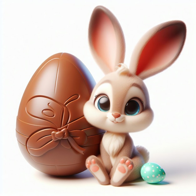Foto immagine di un coniglietto di pasqua con un uovo di cioccolato