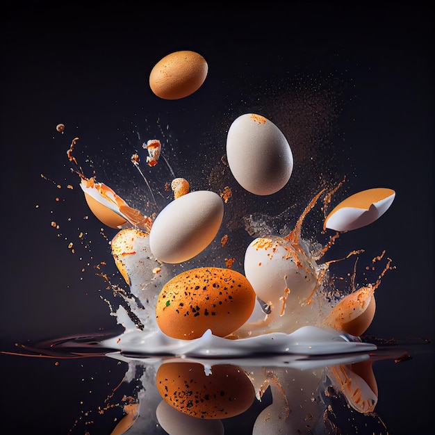 An image of eggs exploding out of water and milk