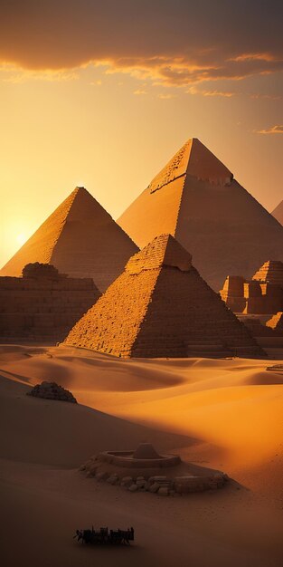 изображение египетских пирамид в мягком теплом свете заходящего солнца