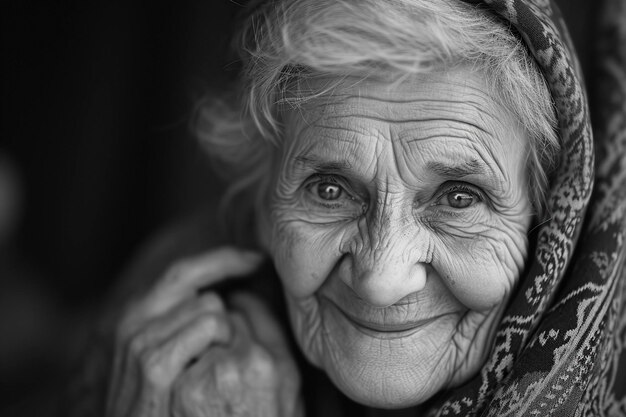 Foto immagine di una donna anziana con un leggero sorriso nero e bianco