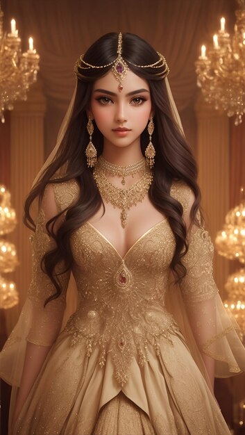 an image of an elegant model adorned in exquisite jewellery standing in a luxurious ballroom