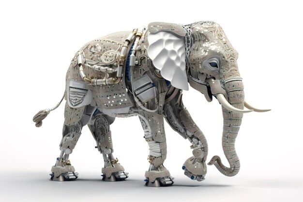흰색 배경에 전자로봇으로 변형된 코끼리의 이미지 야생동물 일러스트 생성 AI
