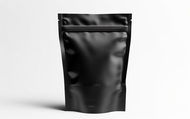 Photo an image of an empty black packaging bag poised for branding