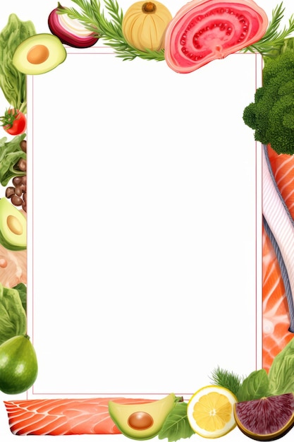 An image of an empty frame with various fruits and vegetables