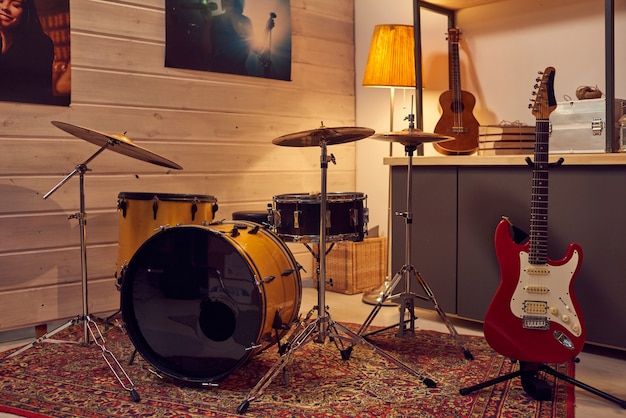 Image of empty music studio with modern musical\
instruments