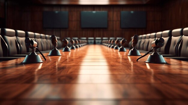 Photo image empty press conference table with microphones generative ai