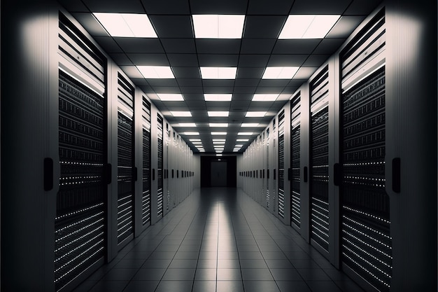 Изображение пустого коридора серверной комнаты, созданное с использованием технологии генеративного искусственного интеллекта