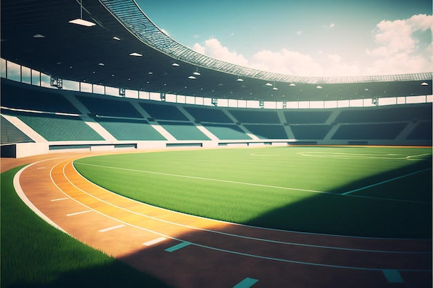 an image of an empty stadium with a green field and a blue sky