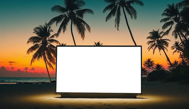 Image of empty white billboard on tropical beach infront of sunset sky Generative AI