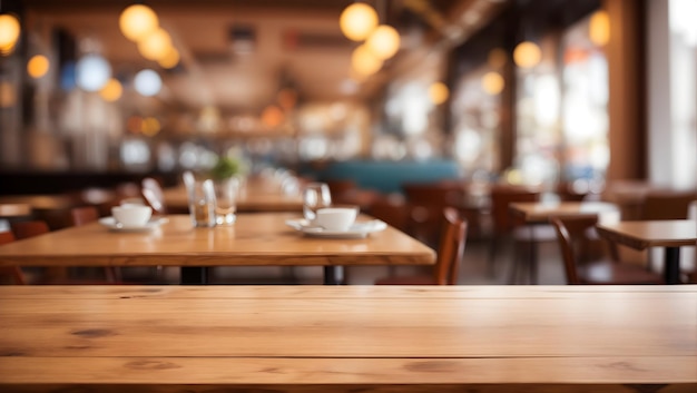 Image of empty wooden table in front of abstract blurred restaurant background