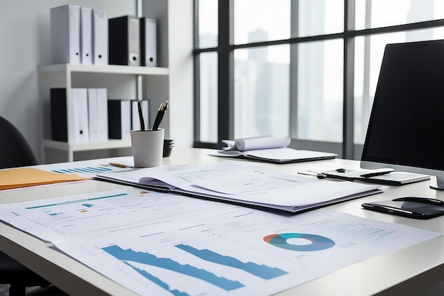 Image of empty workplace of business person with documents with charts on it at office