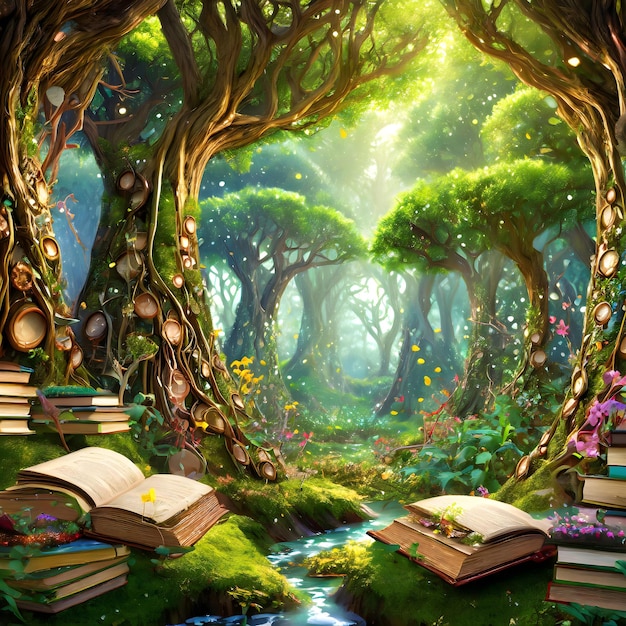 Photo an image of a enchanted forest with books