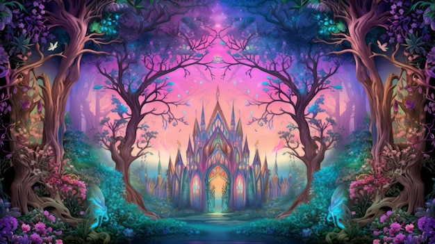 an image of an enchanted forest with a castle in the middle