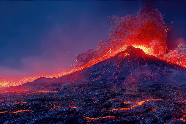 Изображение извергающегося вулкана с огнем и дымом Извержение вулкана ночью