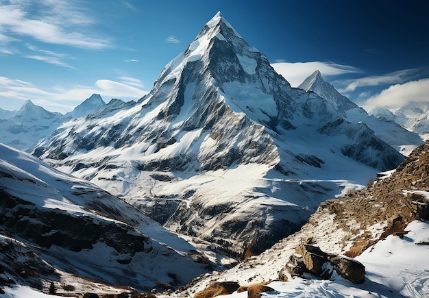 An image of Everest rising behind a blue sky