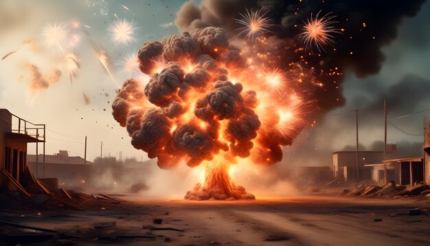 Image of explosion with smoke and fire particles style of postapocalyptic scenes