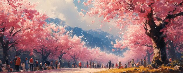 Photo image of families gathering to enjoy a hanami wallpaper