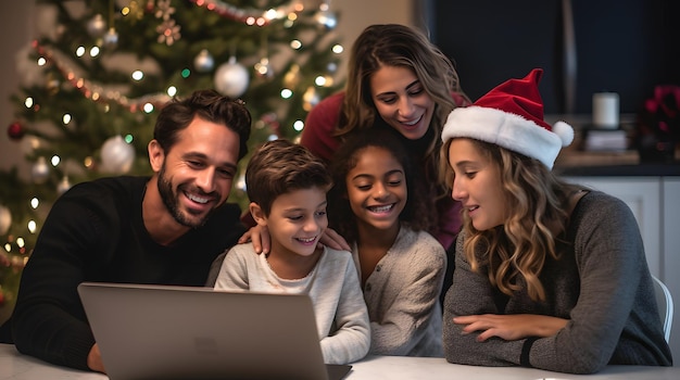 블랙 프라이데이 쇼핑을 계획하는 컴퓨터 주위에 모인 가족의 이미지